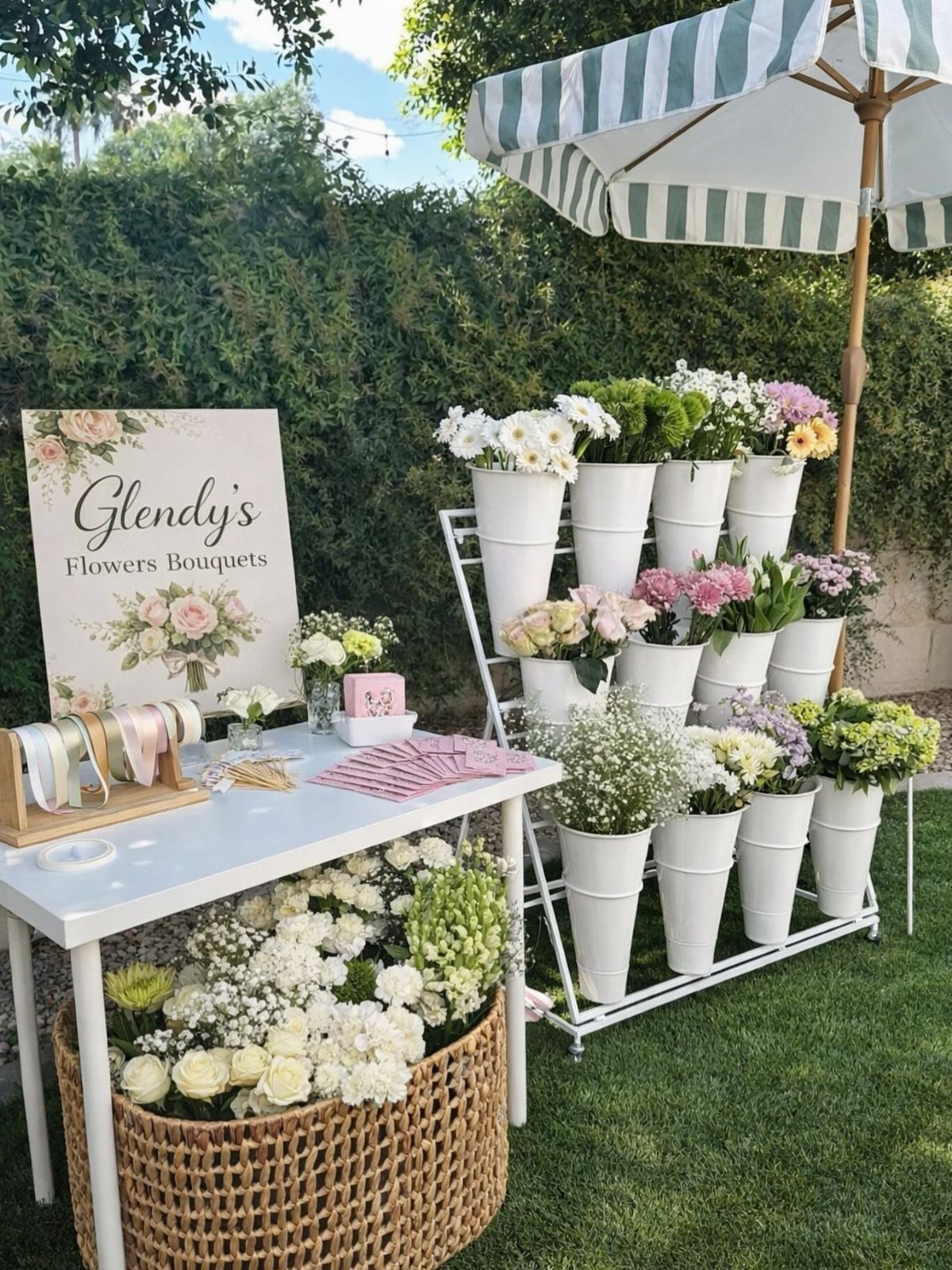 A floral bouquet station with white buckets of fresh flowers, ribbons, and a decorative sign outdoors.