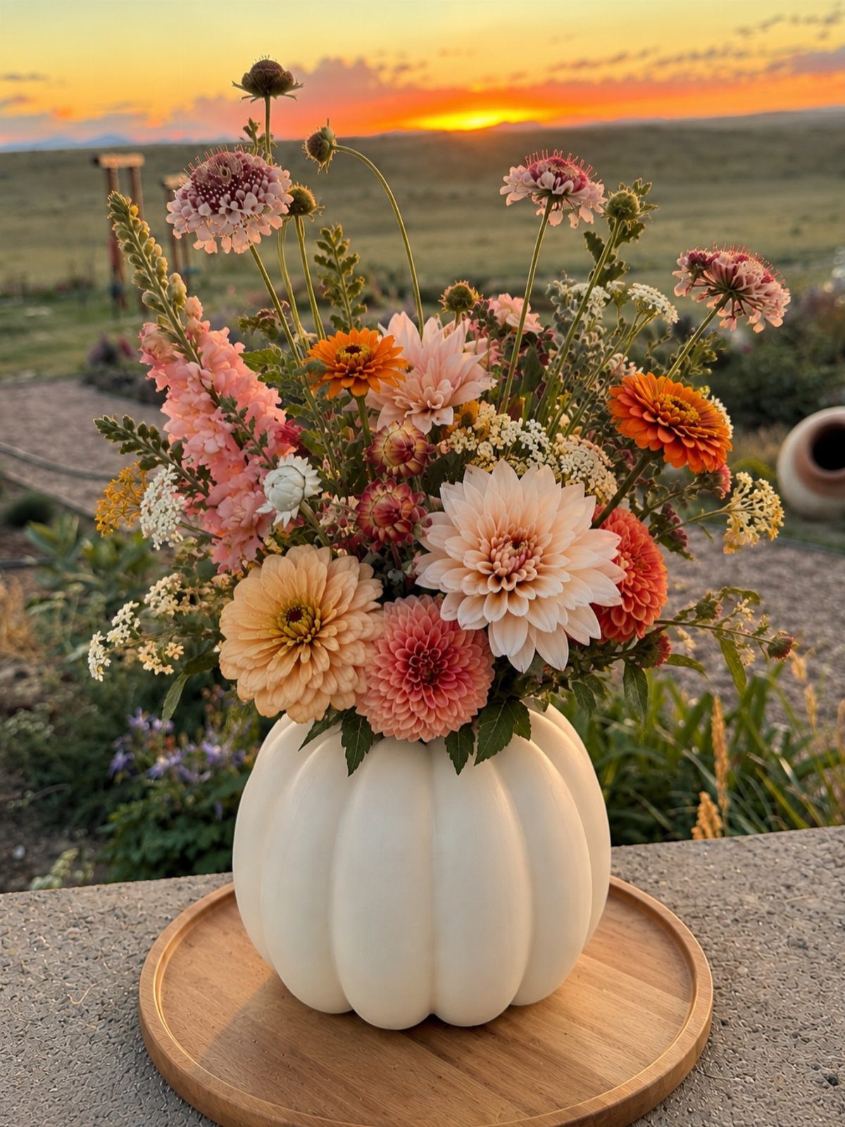 A colorful bouquet of peach and pink zinnias in a white pumpkin vase at sunset.