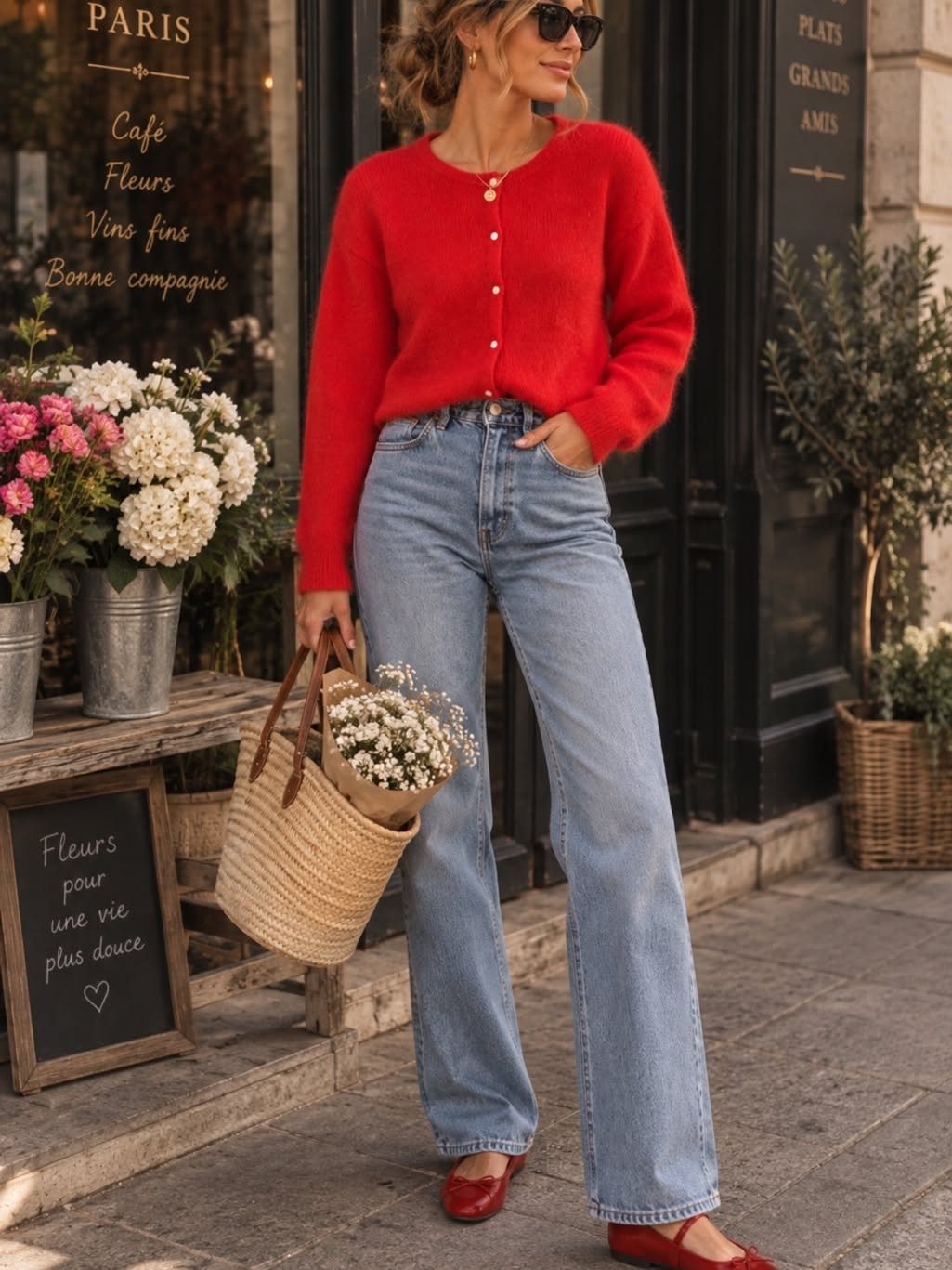 Woman in red cardigan and wide-leg jeans wearing red ballet flats on a Paris street.