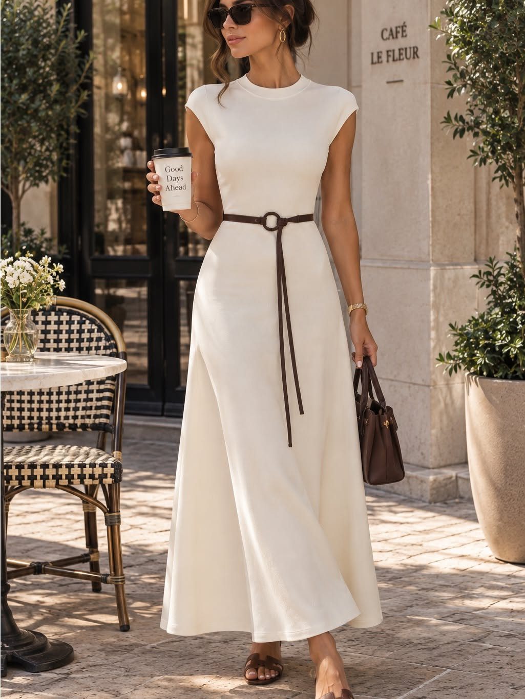Woman in a white sleeveless midi dress with a brown belt walking near a cafe.