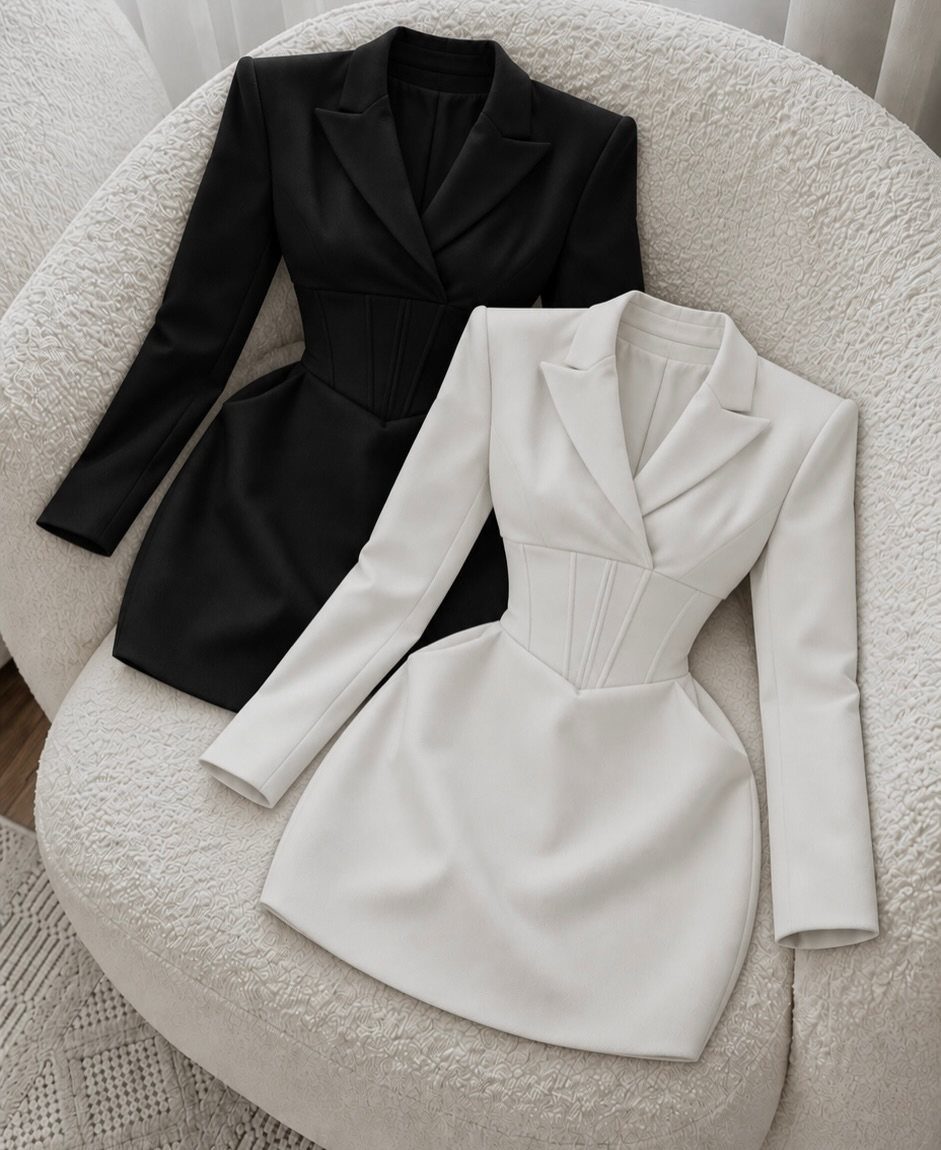 Black and white blazer-style mini dresses with cinched waists resting on a cream chair.
