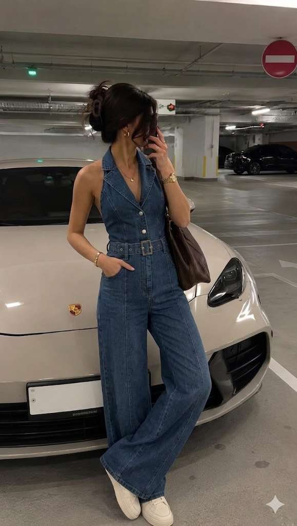 Woman wearing a blue denim wide-leg jumpsuit with a belted waist standing by a car.