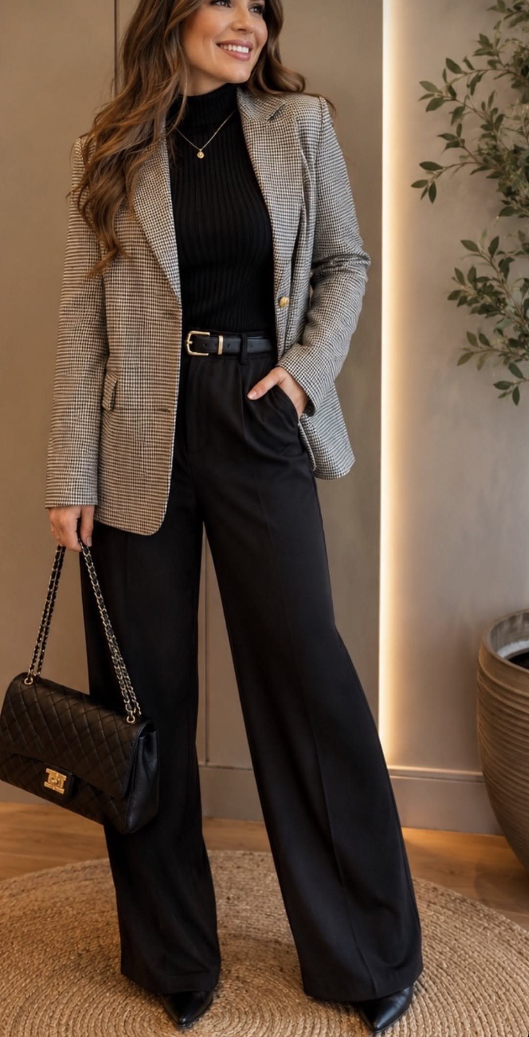 A woman posing in a grey patterned blazer, black turtleneck, and wide-leg trousers.