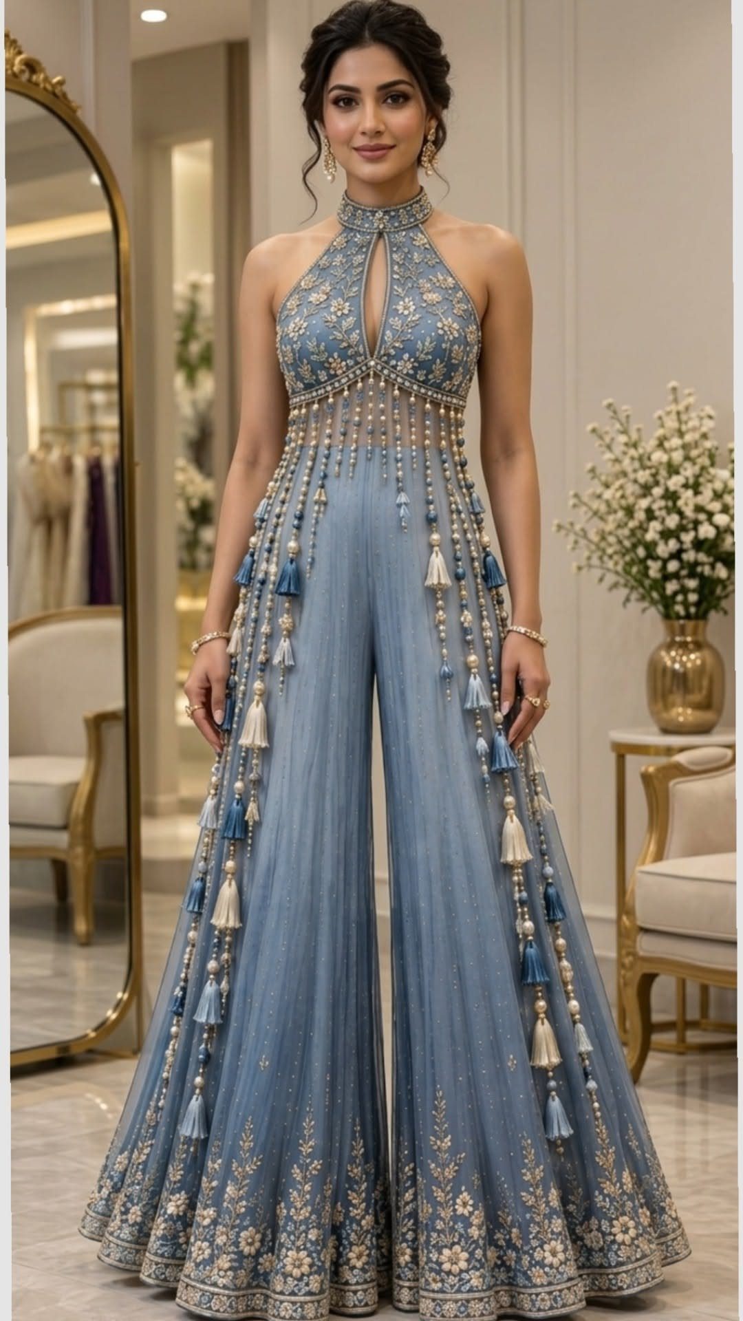 Woman wearing a dusty blue embellished halter top and wide-leg flared trousers with gold embroidery.