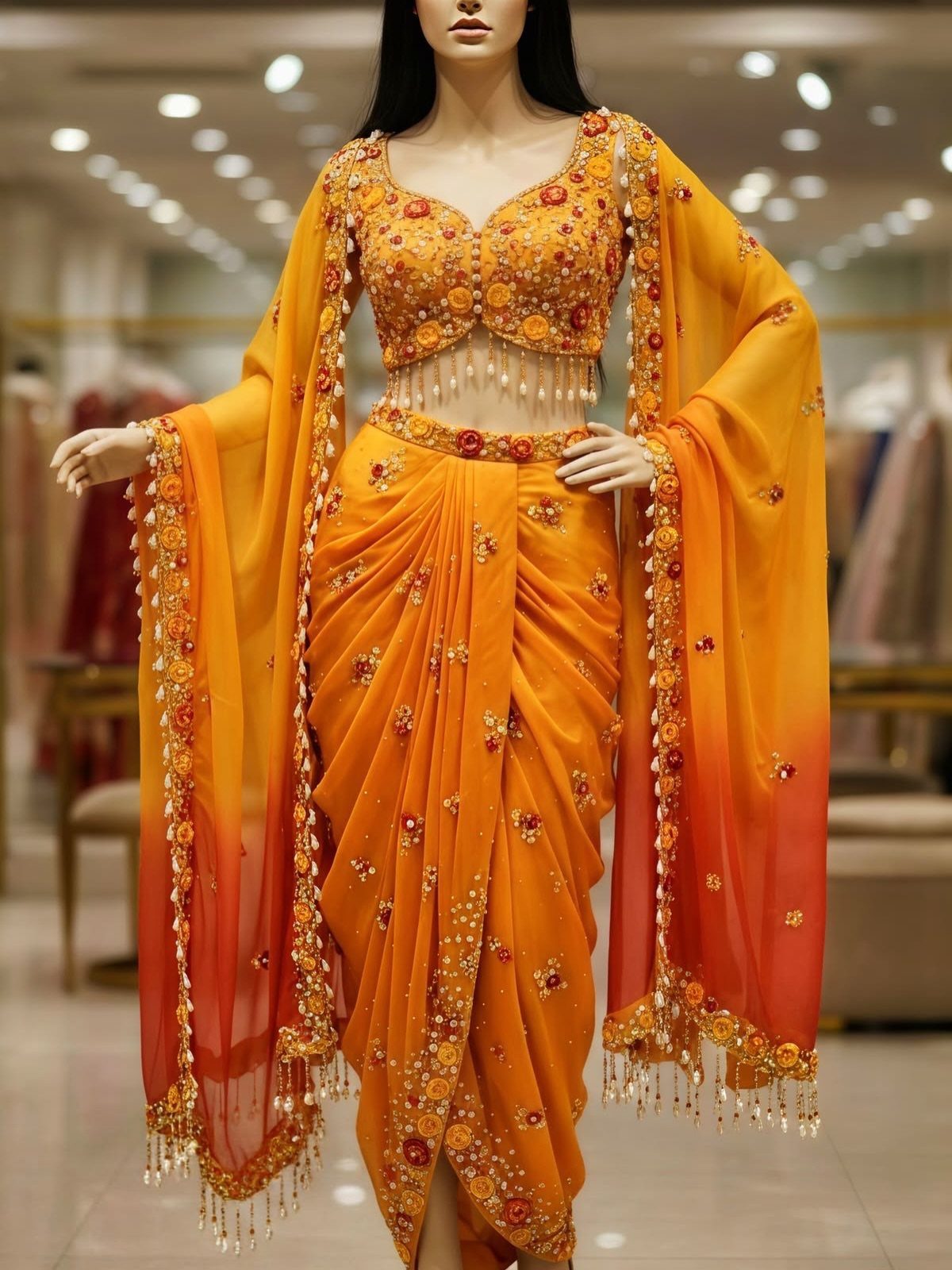 An orange and yellow ombre lehenga set with heavy embroidery and beadwork on a mannequin.
