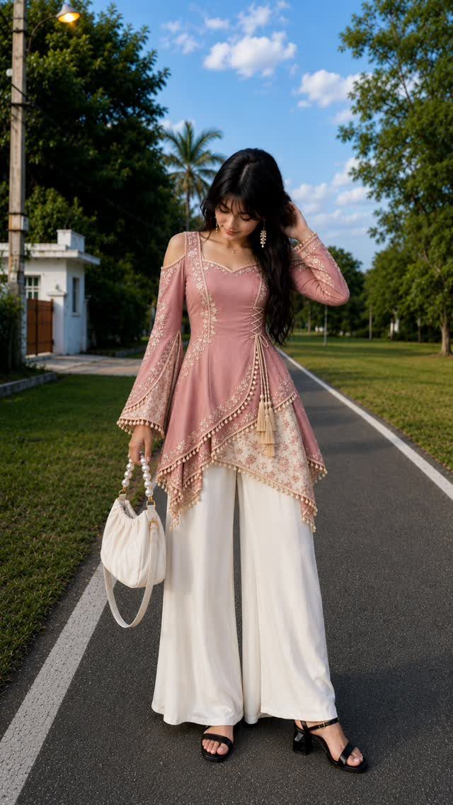 Woman wearing a pink asymmetrical hemline top and wide-leg white trousers standing on a path.