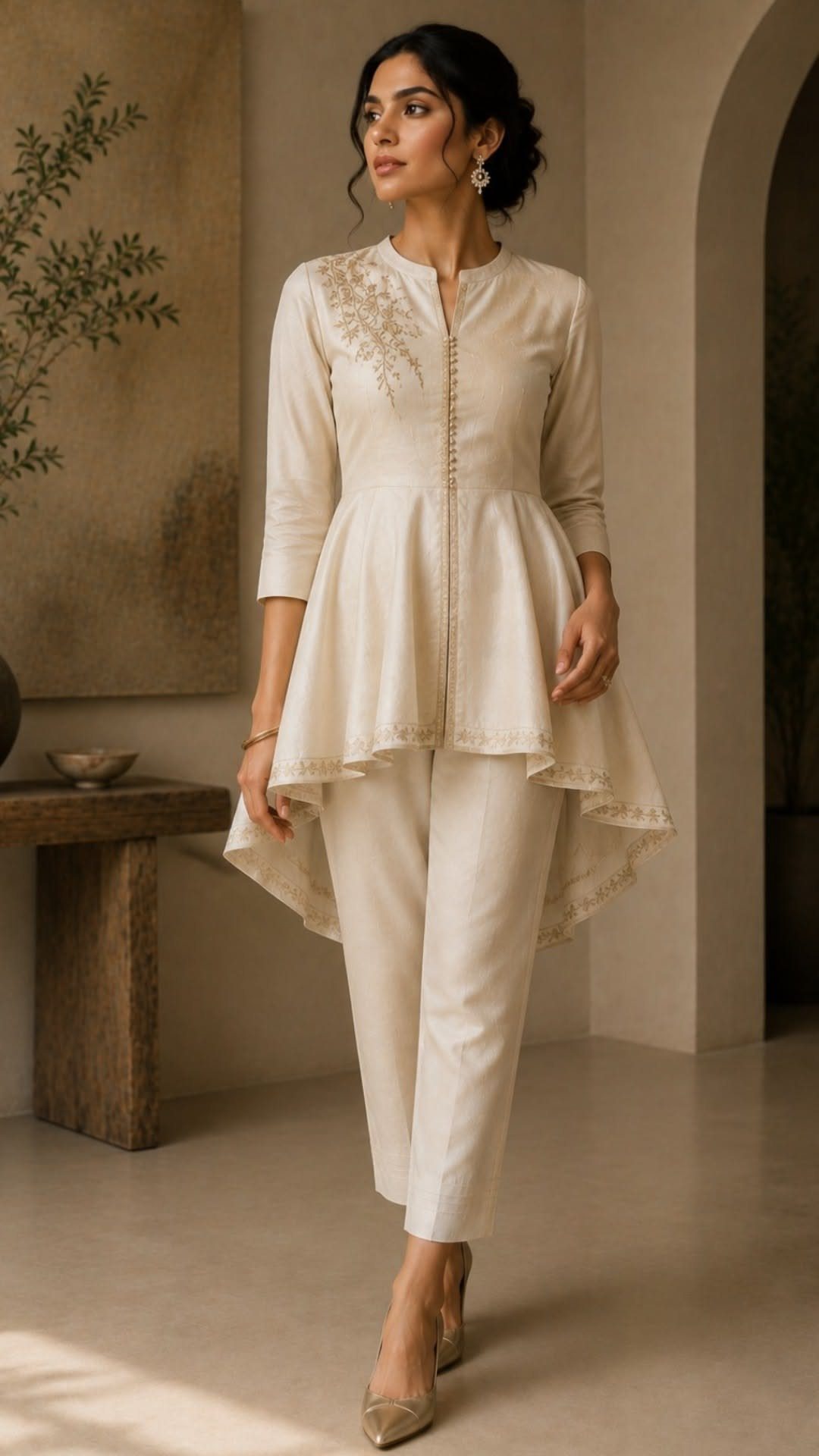 Woman wearing a cream embroidered high-low tunic and matching slim trousers.