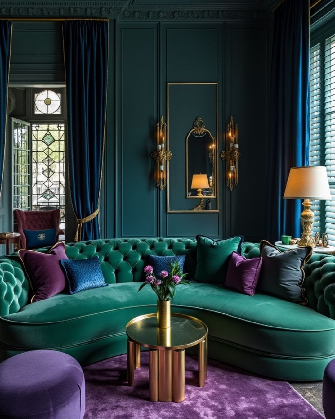 Emerald green velvet sofa with purple pillows in a dark teal paneled living room.