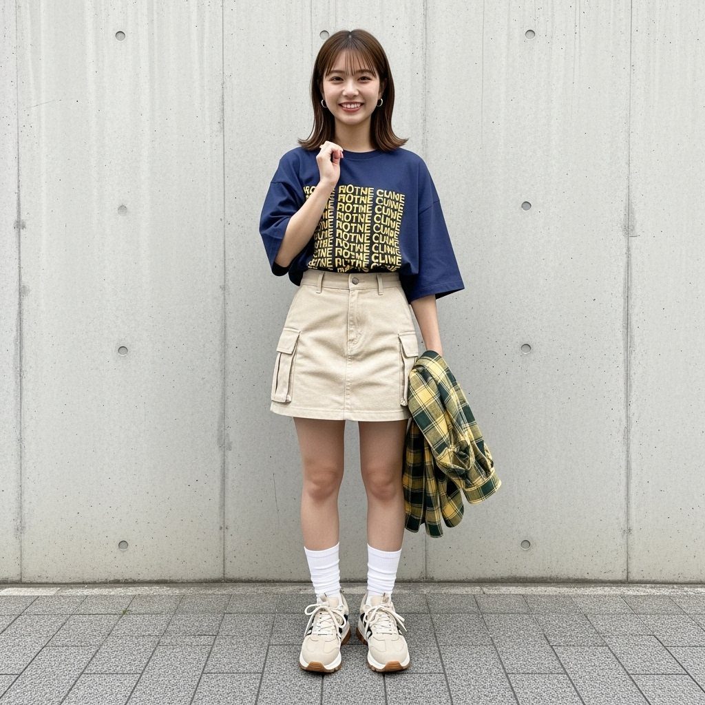 A smiling woman wearing a navy graphic t-shirt, beige mini skirt, and chunky sneakers.
