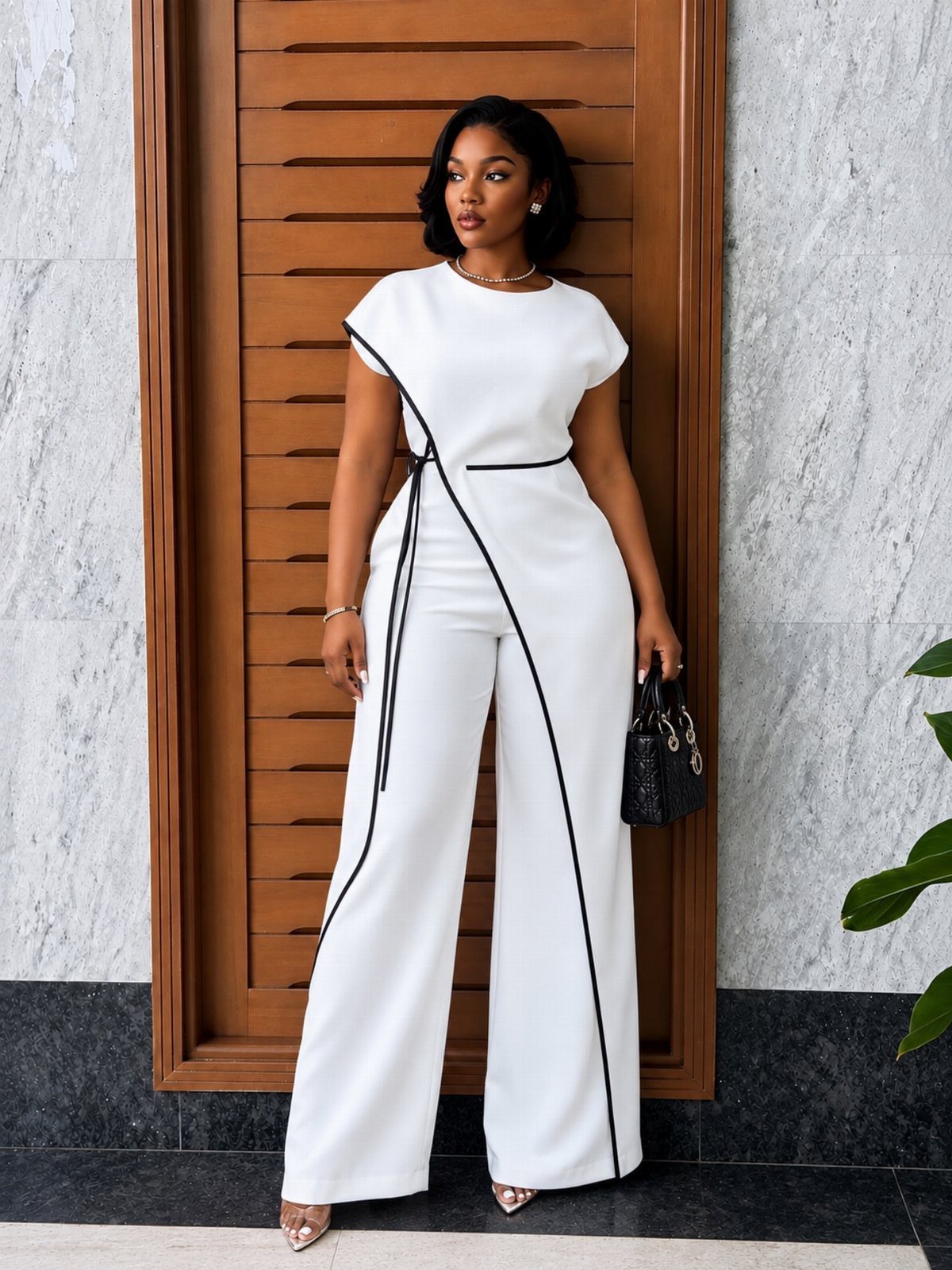 Woman wearing a white jumpsuit with black trim standing against a wooden door.