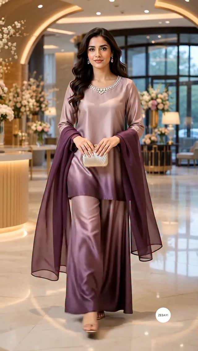 Woman in a shimmering mauve satin outfit with a deep purple sheer dupatta standing in a luxury hall.