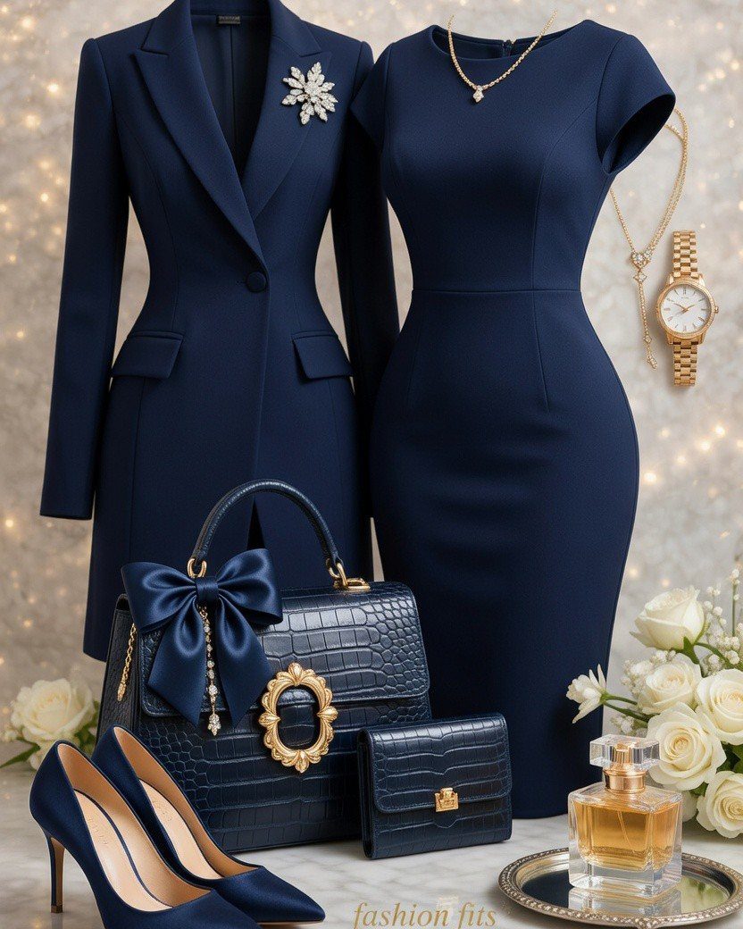 Navy blue formal clothing and accessories with gold accents arranged on a surface.