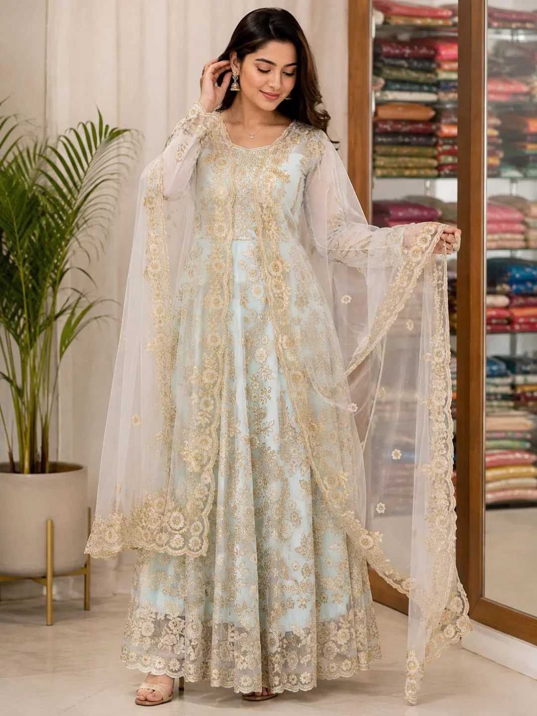Woman posing in a mint green dress with gold embroidery and a sheer dupatta.