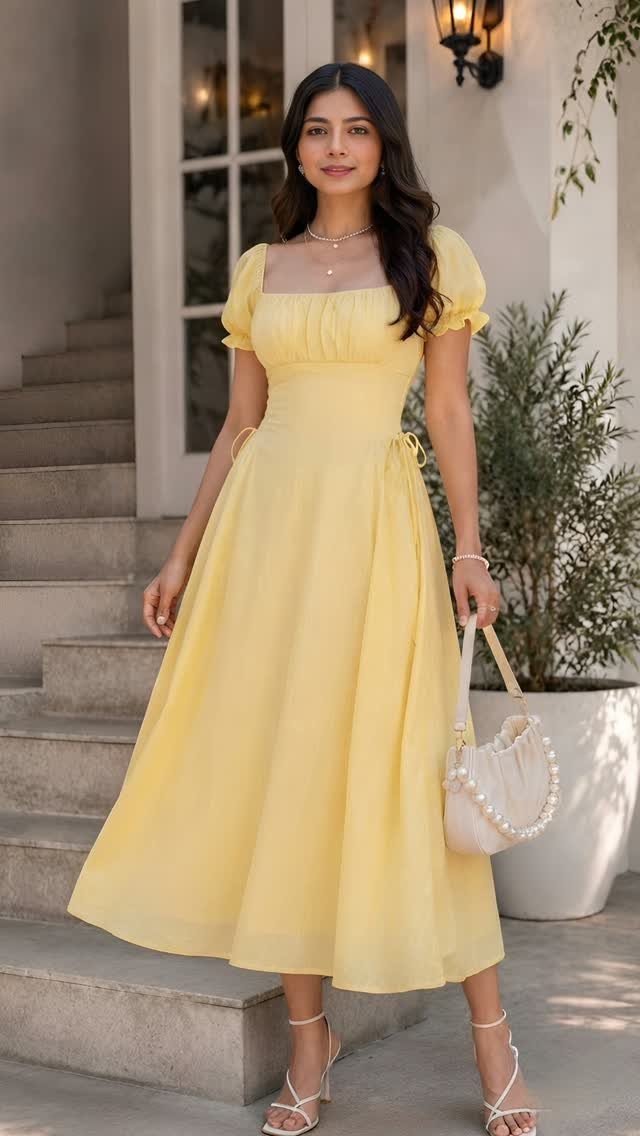 Woman in a pale yellow midi dress standing on stairs holding a white handbag.