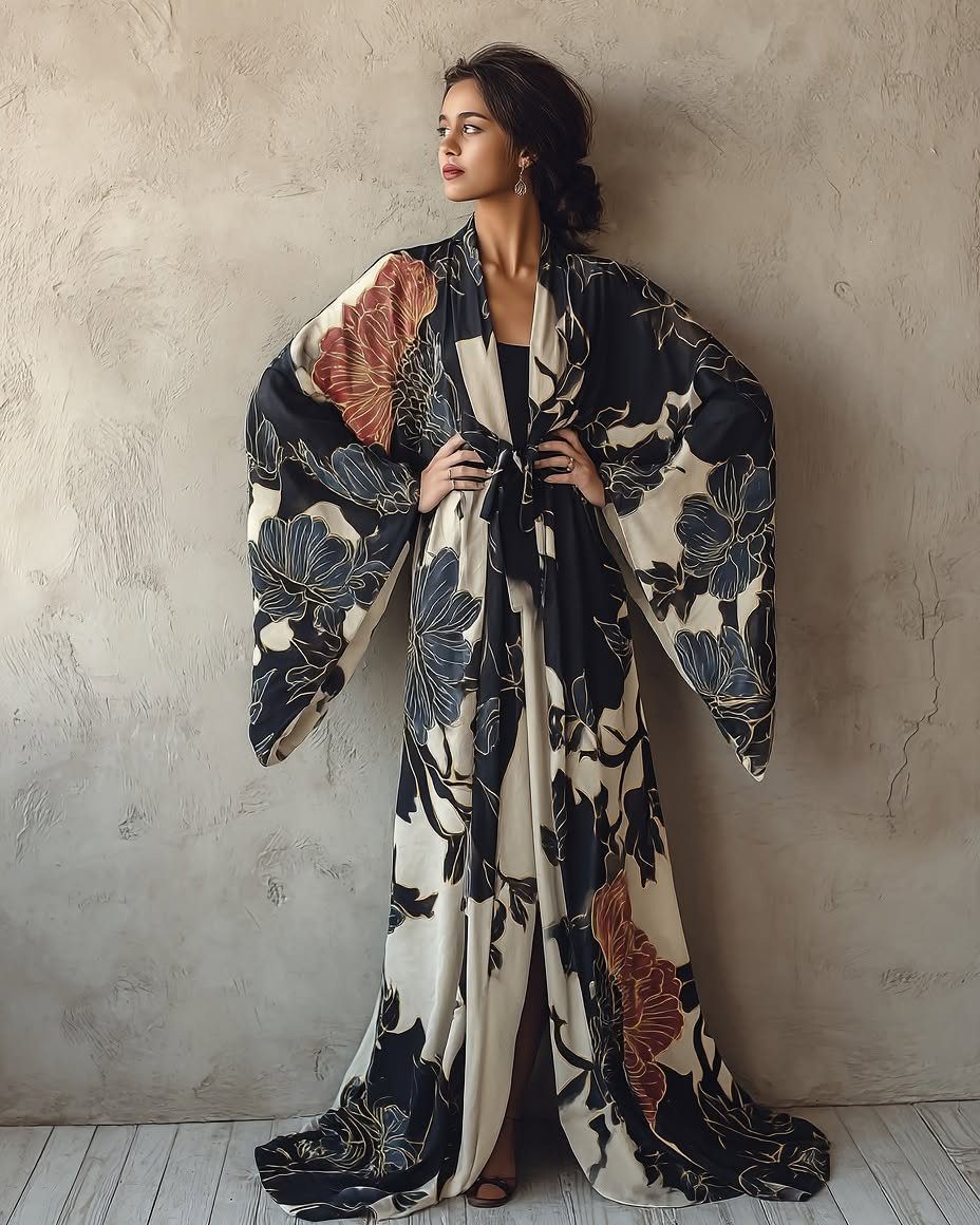 A woman wearing a long, floral patterned kimono dress with wide sleeves against a textured wall.