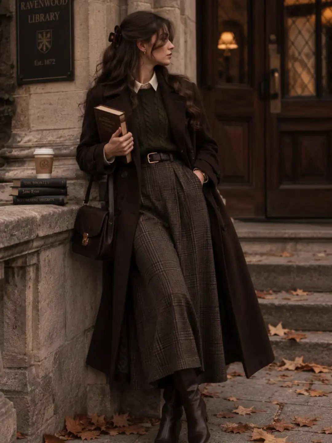 A woman wearing a long dark coat and plaid skirt stands by a stone building.