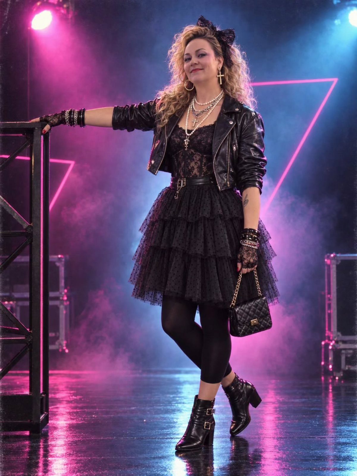 A woman with big teased hair posing in an 80s inspired black lace and leather outfit.