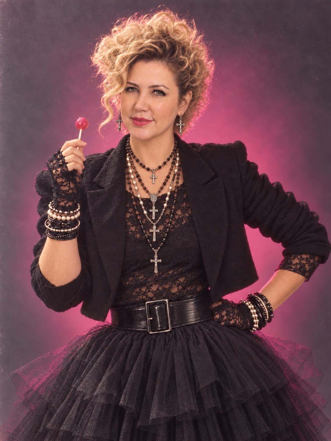 Woman in 80s style black lace outfit and tutu holding a red lollipop.
