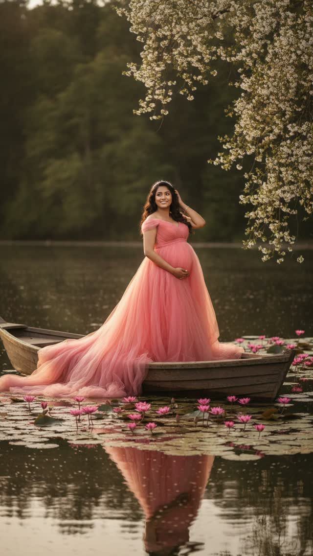 Pregnant woman in a pink gown sitting in a boat on a lake with lilies.