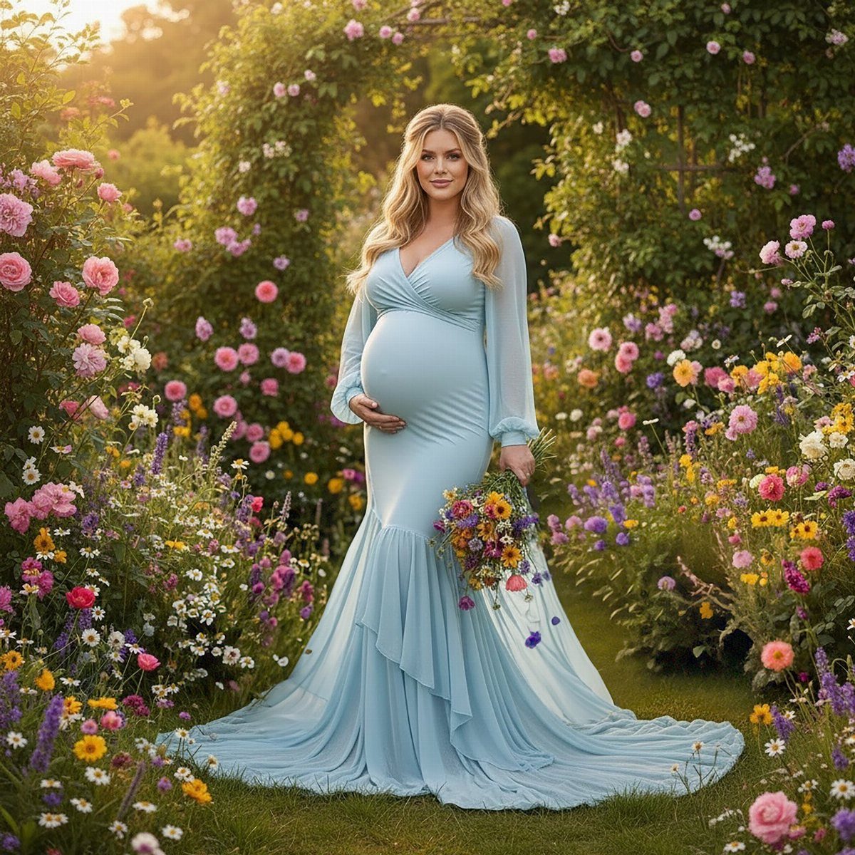 Pregnant woman in a light blue mermaid style maternity dress standing in a blooming flower garden.
