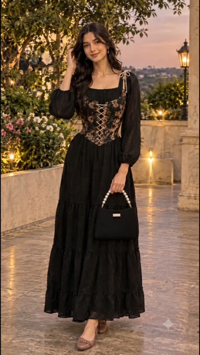 Woman in a black tiered maxi dress with puff sleeves and floral corset bodice standing outdoors.