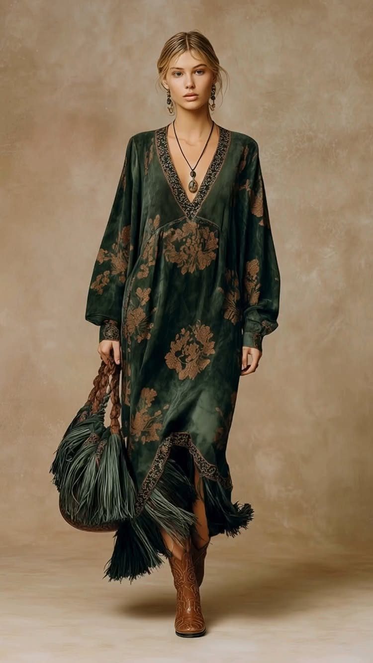 A woman wearing a dark green floral velvet maxi dress with fringe and brown boots.