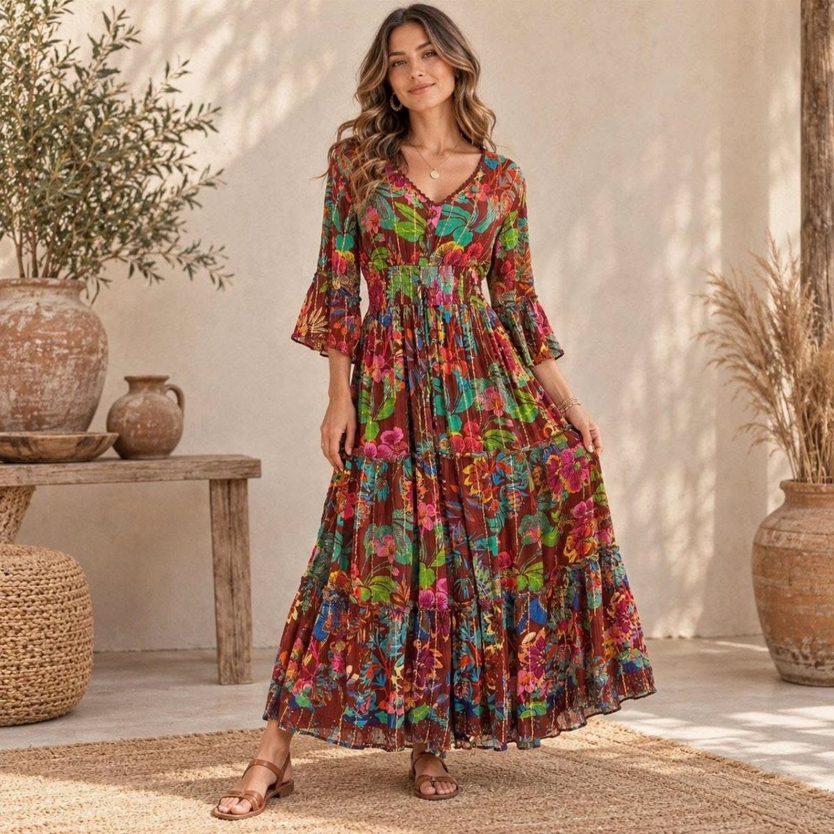 A smiling woman wearing a vibrant floral print tiered maxi dress in a sunlit rustic room.