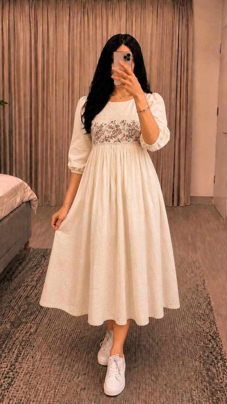Woman in a white embroidered maxi dress and white sneakers posing for a mirror selfie.