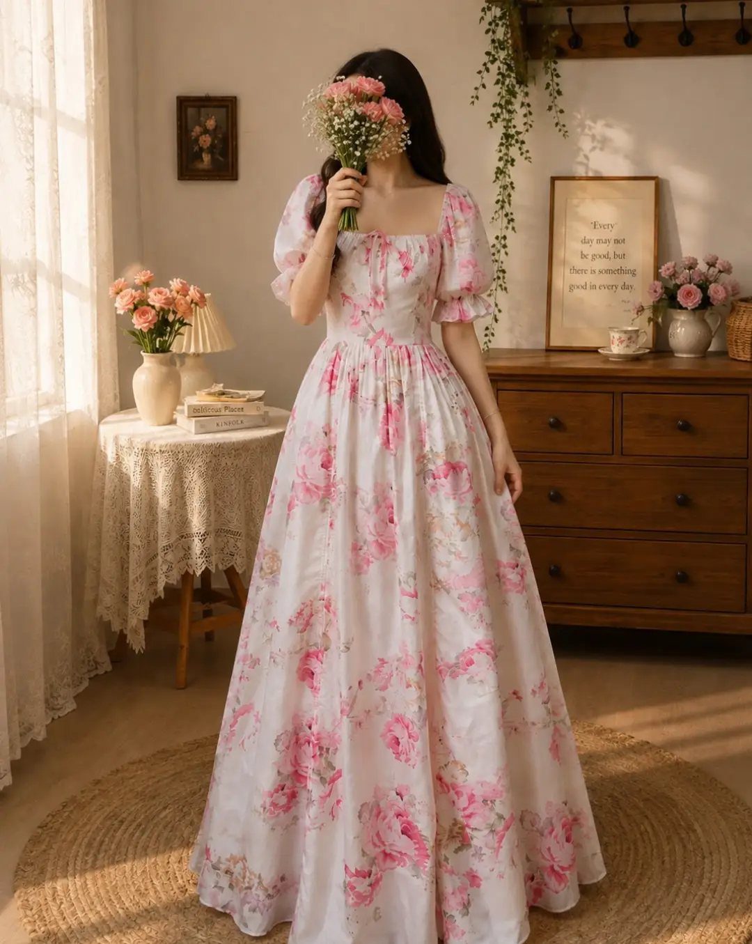 Woman in a white and pink floral maxi dress holding a bouquet of flowers.