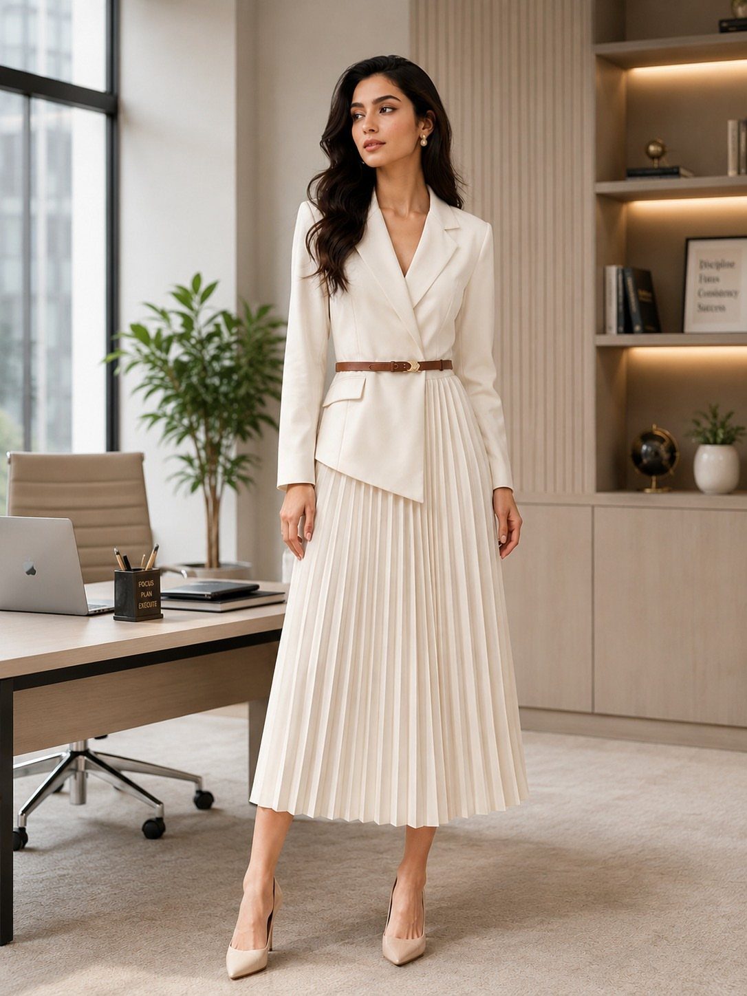 Woman wearing a white blazer and a matching pleated skirt in a modern office.