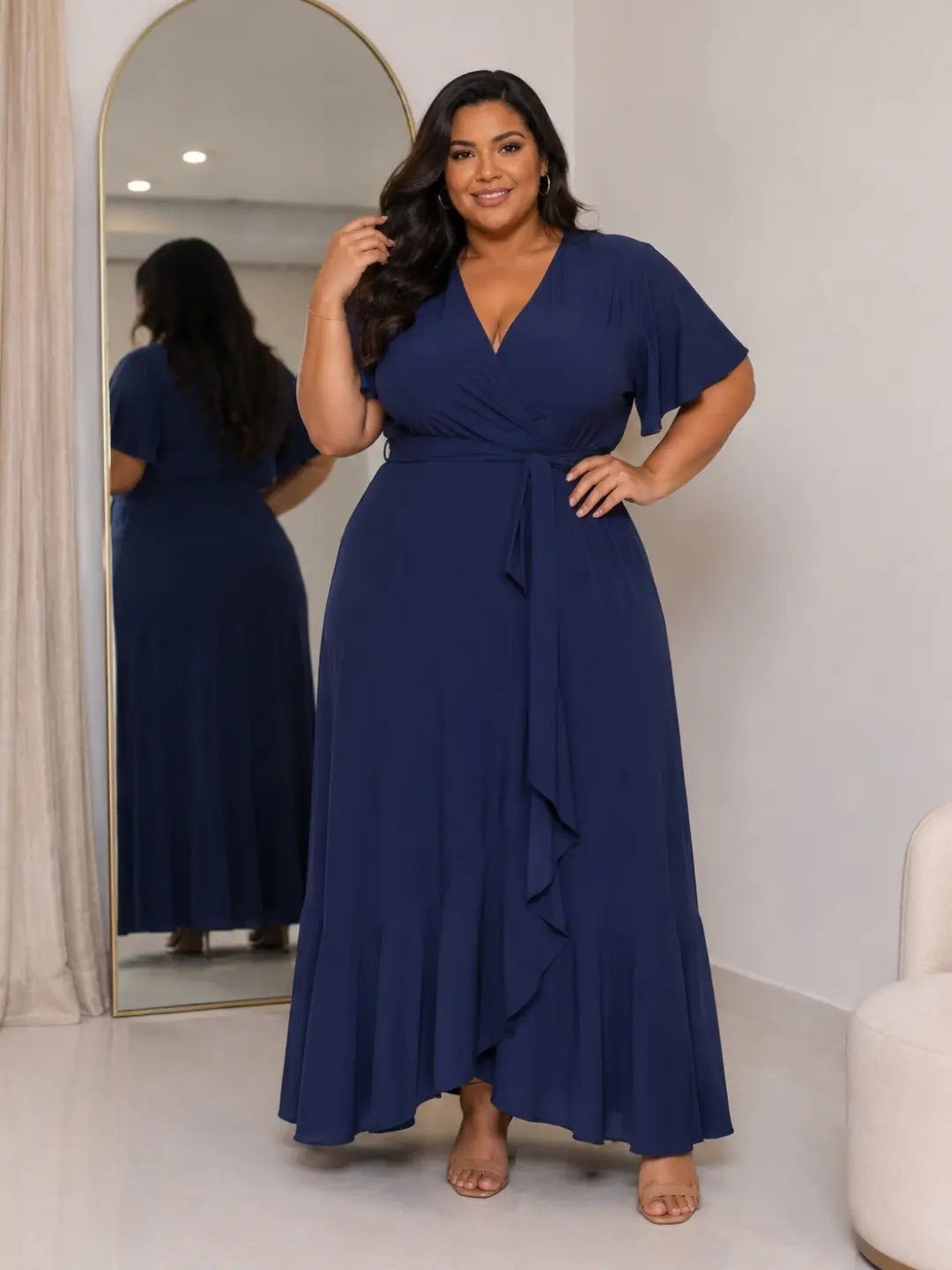 A smiling plus size woman wearing a navy blue wrap maxi dress standing in a bright room.
