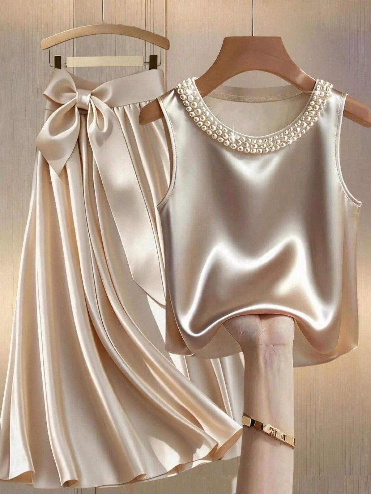 Champagne satin camisole with pearl neckline and matching satin skirt hanging on wooden hangers.