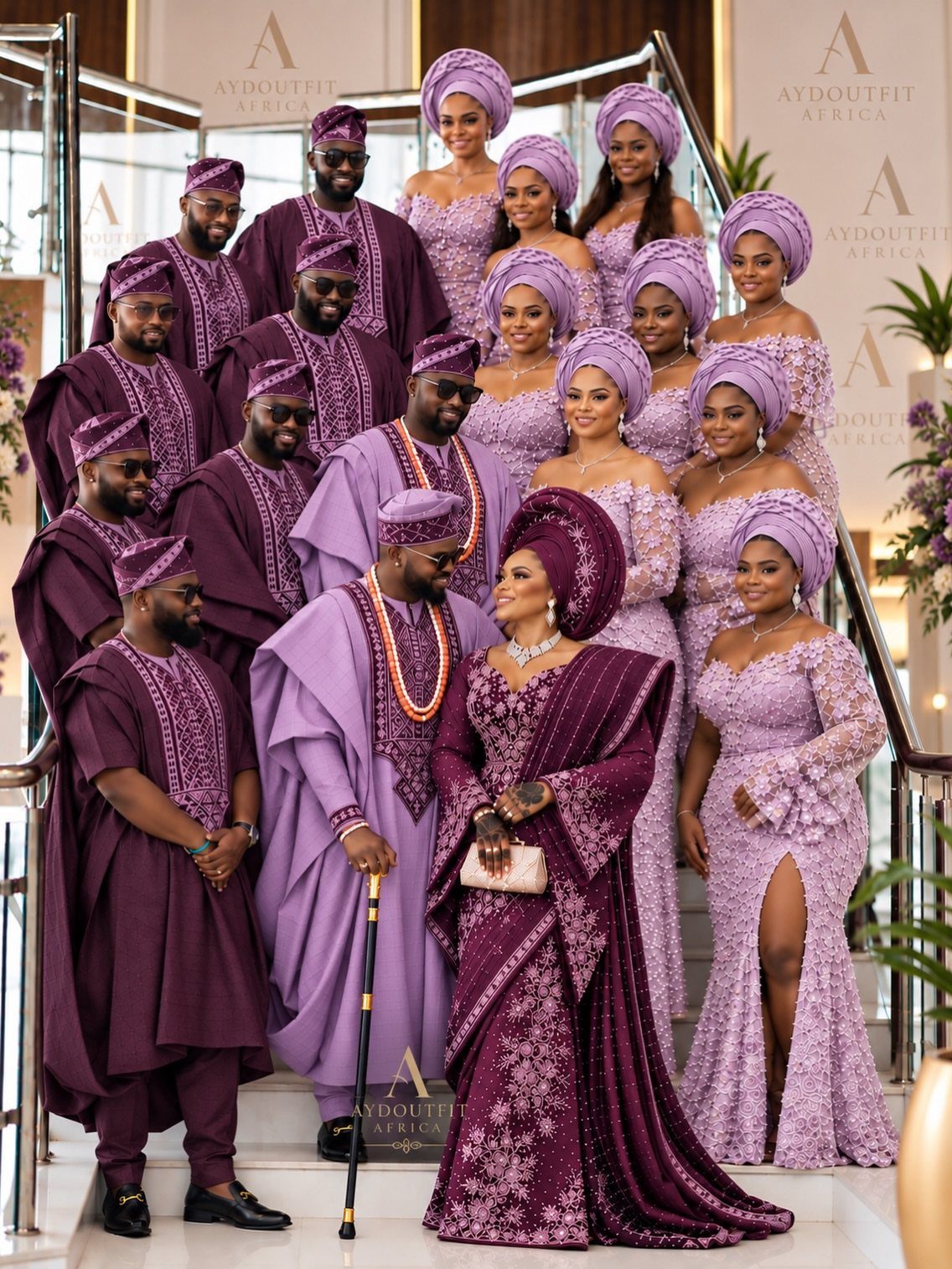 A large group of people posing in coordinated purple Nigerian traditional wedding attire on a staircase.