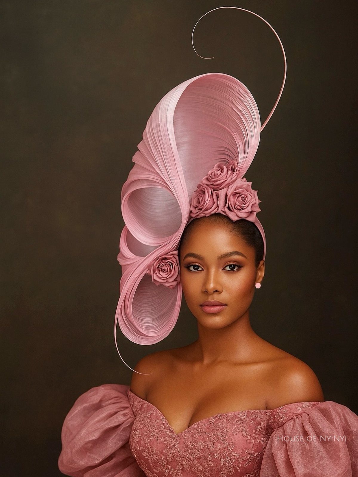 Woman wearing a large sculptural pink fascinator and a matching pink lace off-the-shoulder gown.