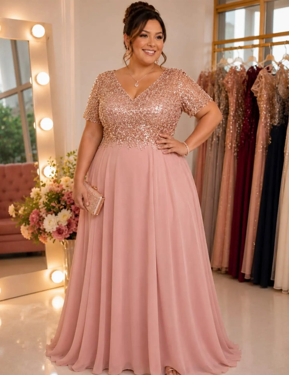 A smiling woman wearing a sequined dusty rose formal gown and holding a small clutch.