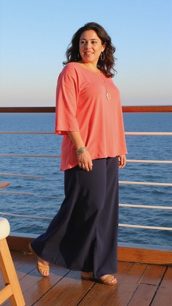A woman wearing a coral top and navy blue palazzo pants standing on a ship deck.