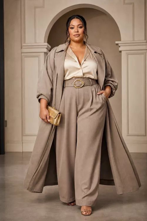 A woman wearing a tan trench coat, silk blouse, and wide-leg trousers holding a gold clutch.