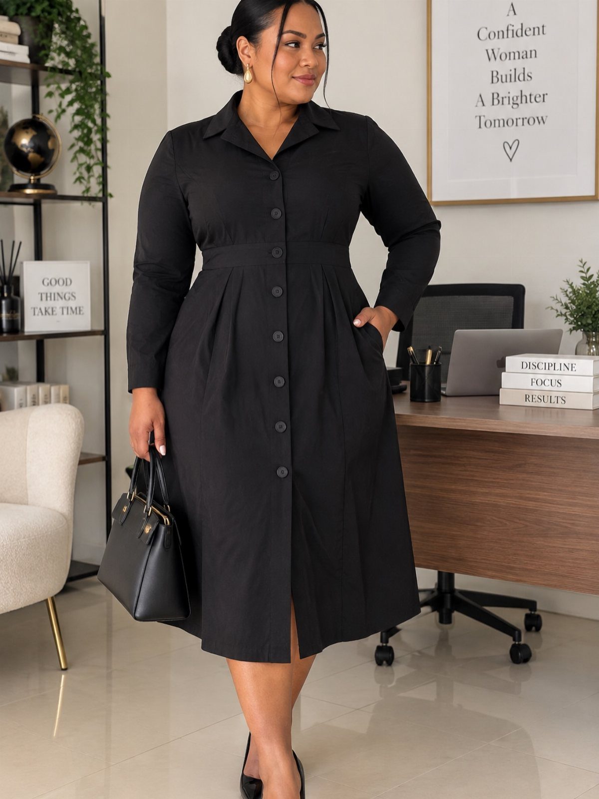 A plus size woman posing in a black long-sleeved button-down midi dress in an office.