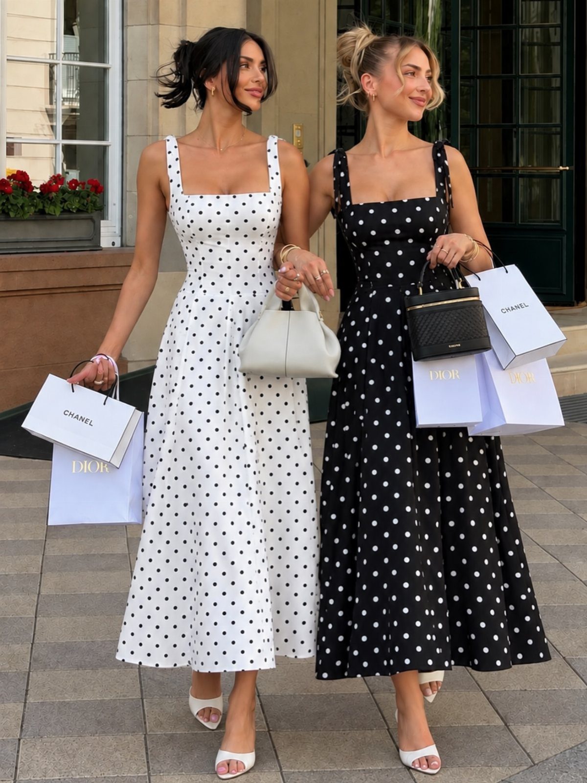 Two women walking in black and white polka dot midi dresses while carrying shopping bags.
