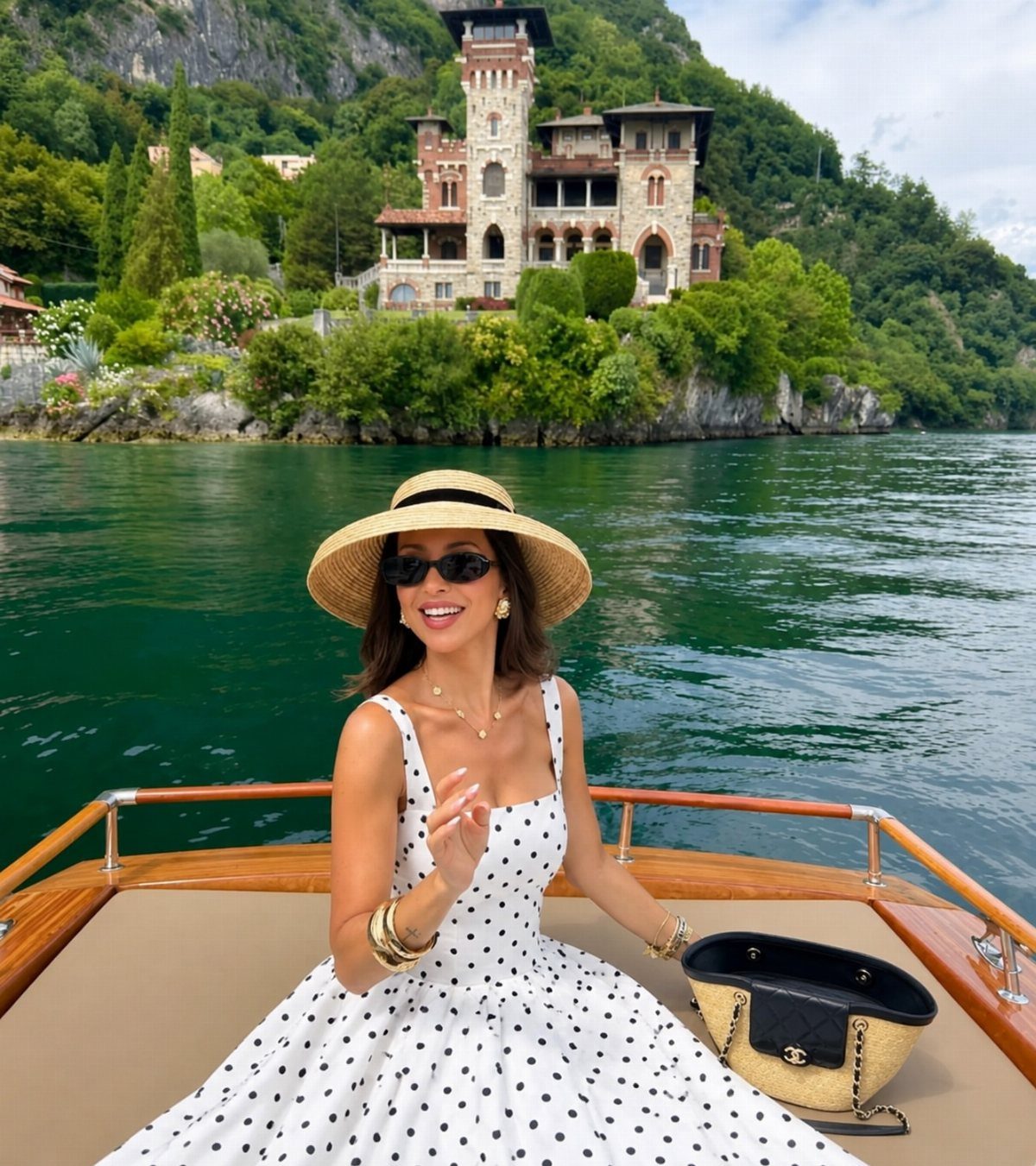 Woman in a white polka dot dress and straw hat sitting on a boat.