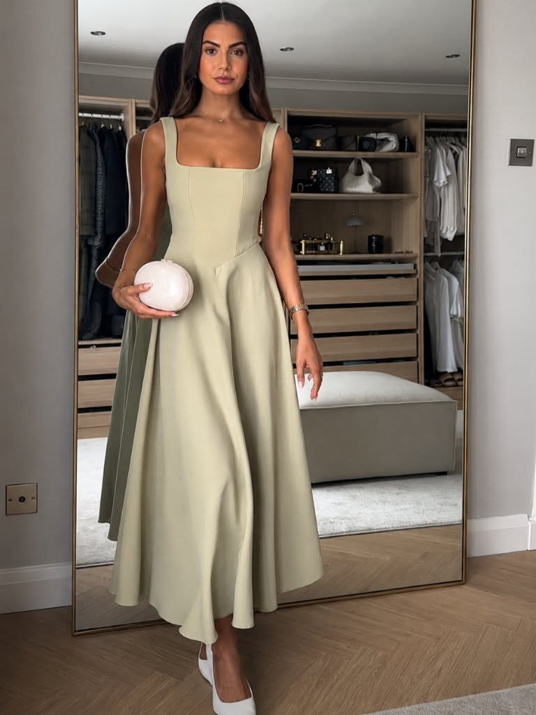 Woman in a sage green midi dress with a fitted waist standing before a mirror.
