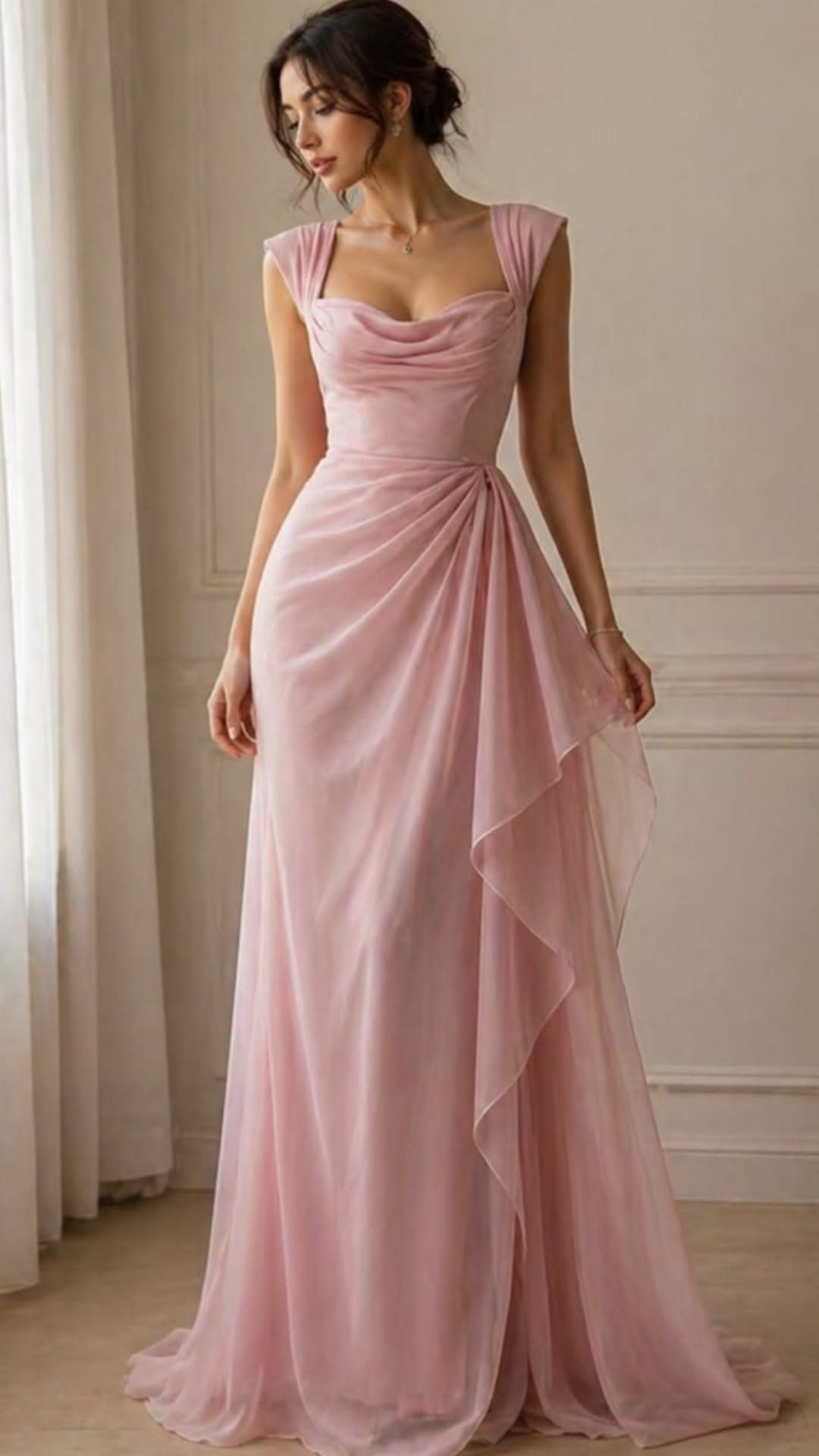 Woman in a flowing light pink gown with soft draping fabric and a cowl neckline.
