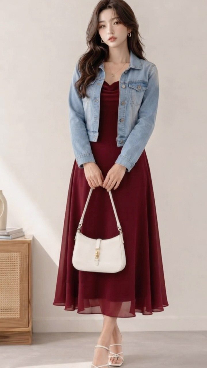 A woman posing in a long red dress and a light blue denim jacket.