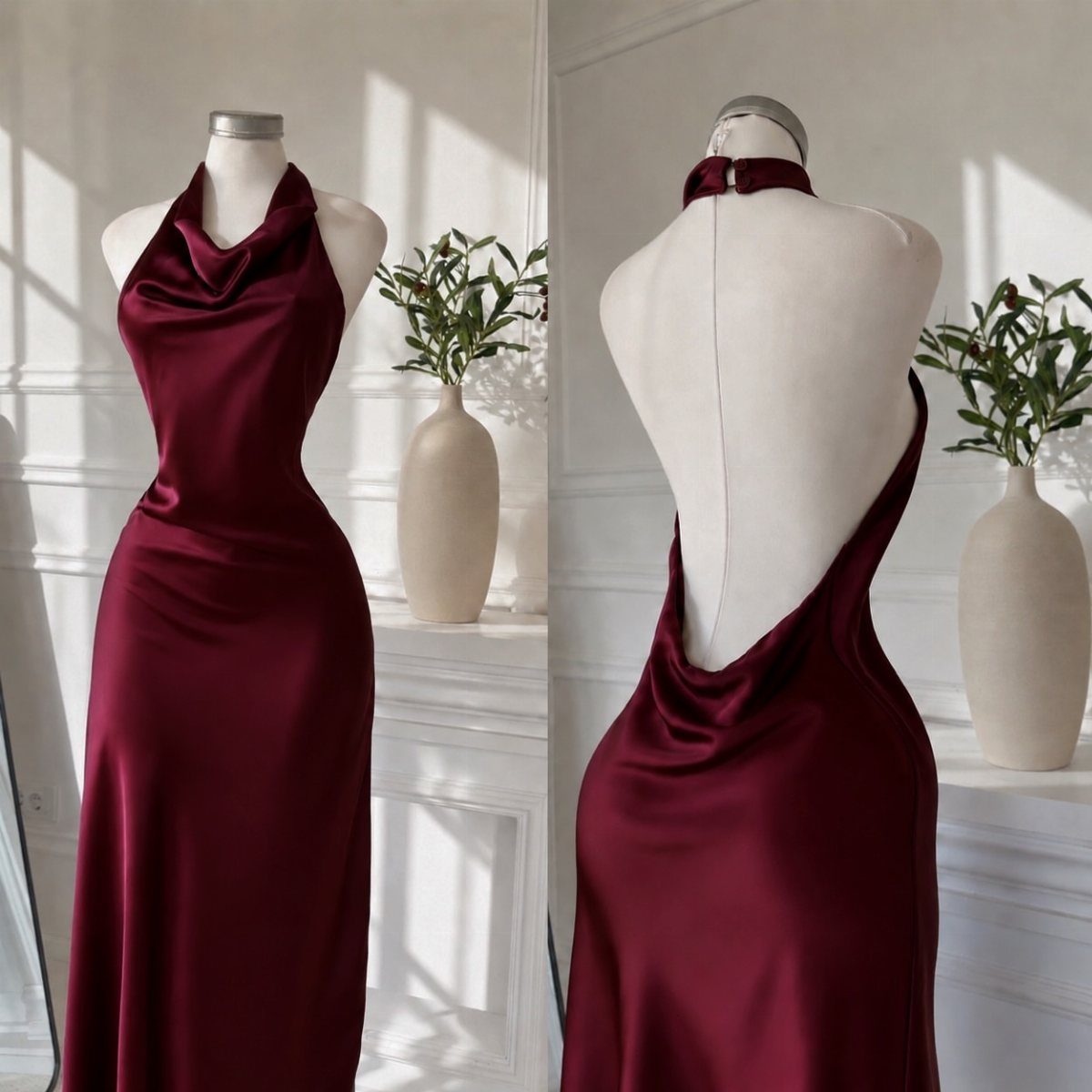 A dark red satin maxi dress displayed on two white mannequins in a bright room.