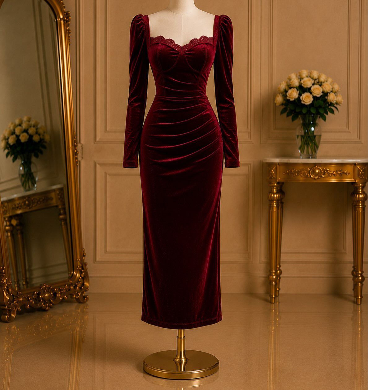 A long-sleeved red velvet dress with lace trim displayed on a mannequin.
