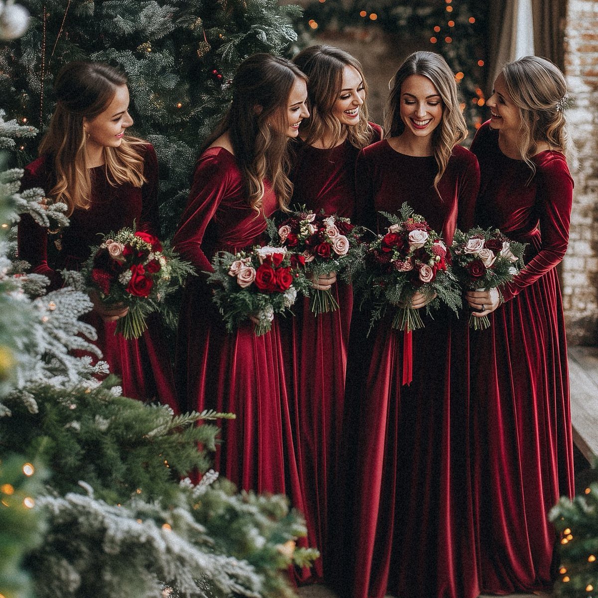 Five women wearing long-sleeved burgundy velvet gowns holding floral bouquets near a Christmas tree.