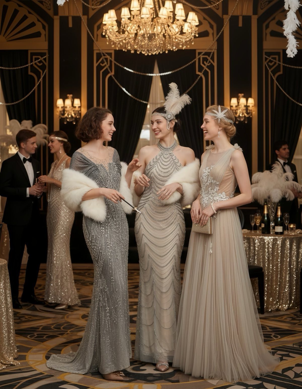 Three women in shimmering, beaded vintage-style evening gowns standing in a decorated ballroom.