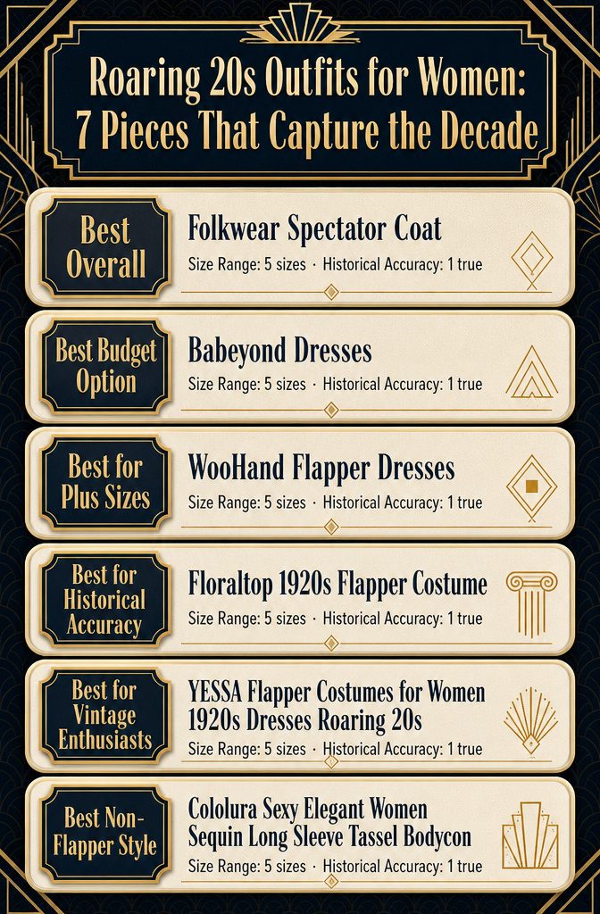Comparison infographic titled 'Roaring 20s Outfits for Women: 7 Pieces That Capture the Decade'.