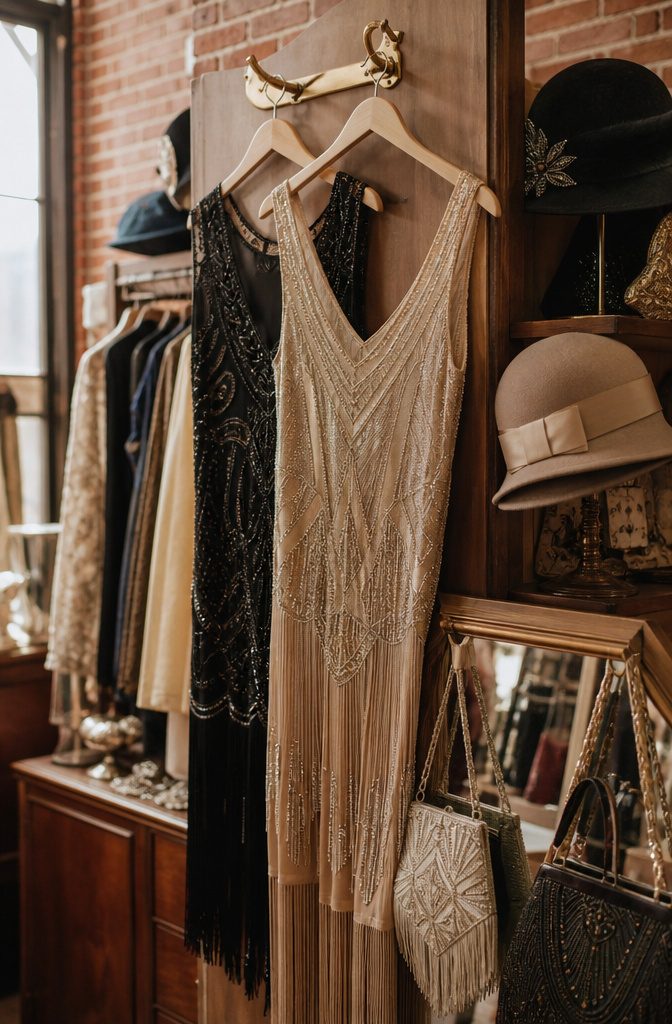 Cozy vintage clothing store with various roaring 20s outfits displayed.