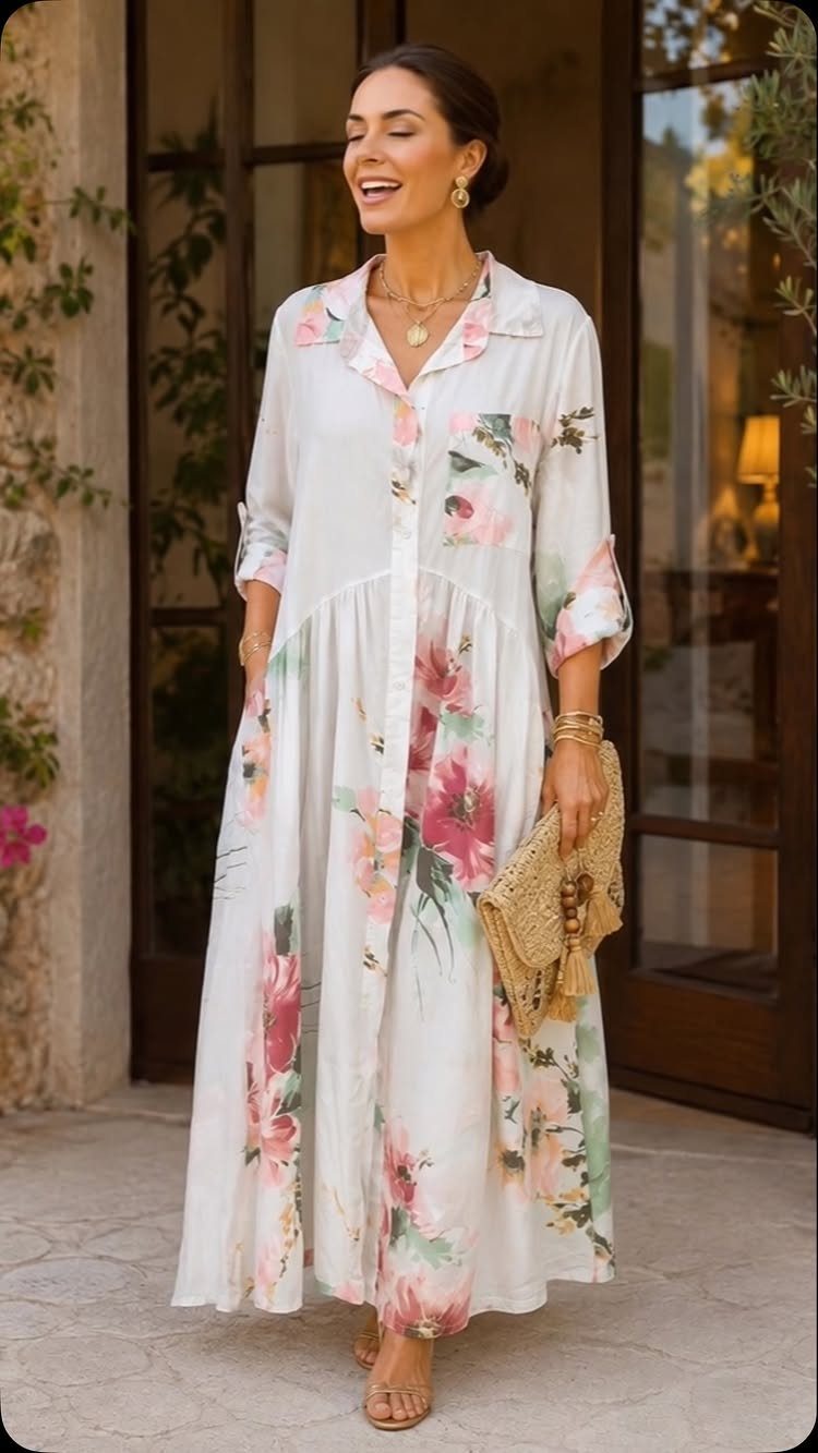 A smiling woman wearing a long white floral maxi dress while walking outdoors.